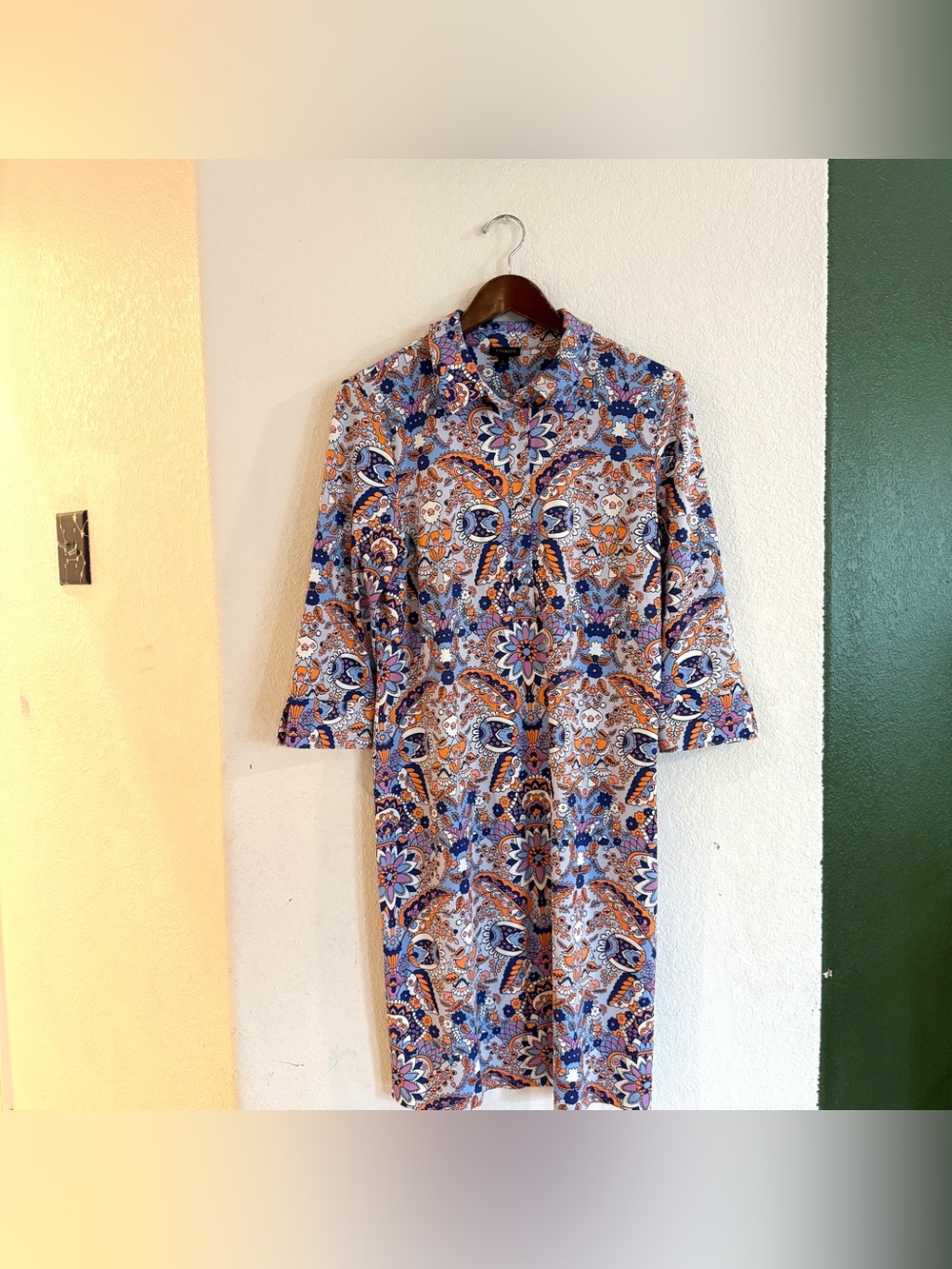Talbots Womens Dress Multicolor Floral Half Button 3/4 Sleeve Stretch Size Large